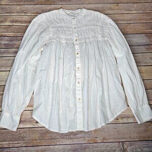 Eze Sur Mer White Pintuck Smocked Blouse Boho Cottagecore Peasant Long Sleeve S